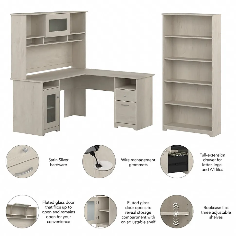 Bush Furniture Cabot 60" L-Shaped Desk with Hutch and 5-Shelf Bookcase, Linen White Oak (CAB011LW)