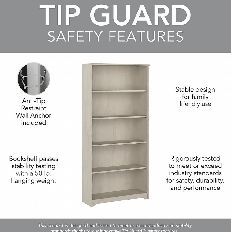 Bush Furniture Cabot 60" L-Shaped Desk with Hutch and 5-Shelf Bookcase, Linen White Oak (CAB011LW)