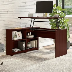 Bush Furniture Cabot 52"W 3 Position Sit to Stand Corner Bookshelf Desk, Harvest Cherry (WC31416)