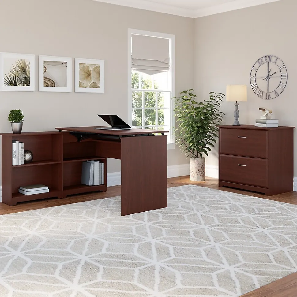 Bush Furniture Cabot 52"W 3 Position Sit to Stand Corner Bookshelf Desk, Harvest Cherry (WC31416)