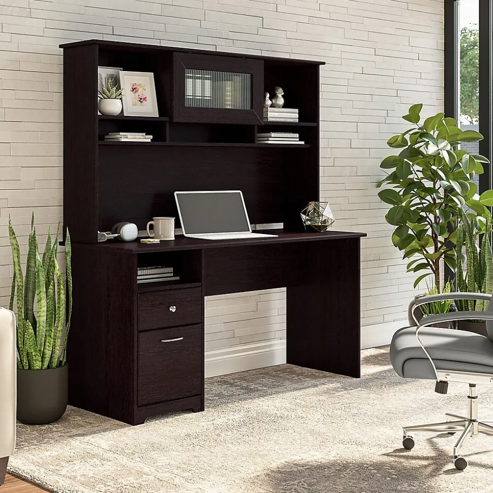 Bush Furniture Cabot 60"W Computer Desk with Hutch, Espresso Oak (CAB042EPO)
