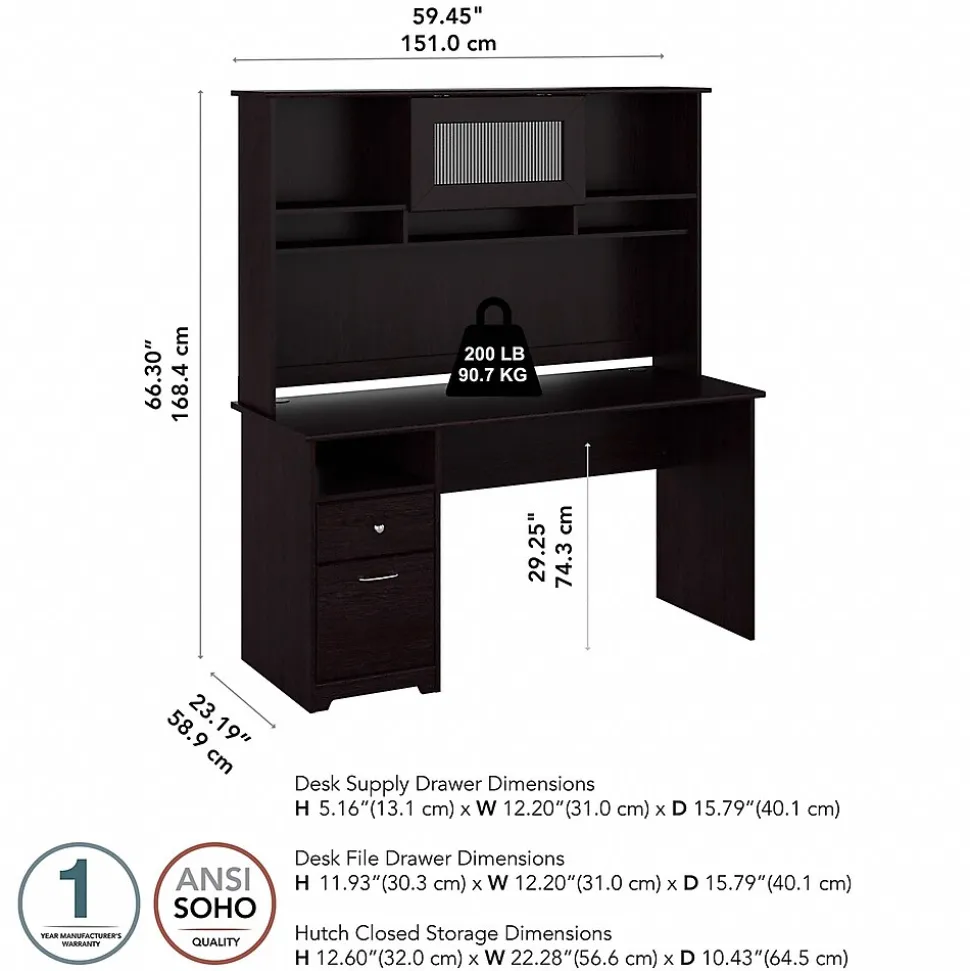 Bush Furniture Cabot 60"W Computer Desk with Hutch, Espresso Oak (CAB042EPO)