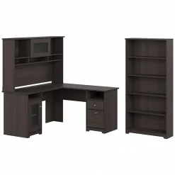 Bush Furniture Cabot 60"W L Shaped Computer Desk with Hutch and 5 Shelf Bookcase, Heather Gray (CAB011HRG)