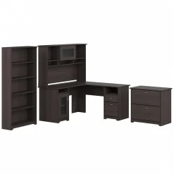 Bush Furniture Cabot 60"W L Shaped Computer Desk with Hutch, File Cabinet and Bookcase, Heather Gray (CAB010HRG)