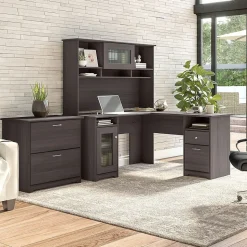 Bush Furniture Cabot 60"W L Shaped Computer Desk with Hutch and Lateral File Cabinet, Heather Gray (CAB005HRG)