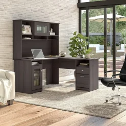 Bush Furniture Cabot 60"W L Shaped Computer Desk with Hutch and Storage, Heather Gray (CAB001HRG)