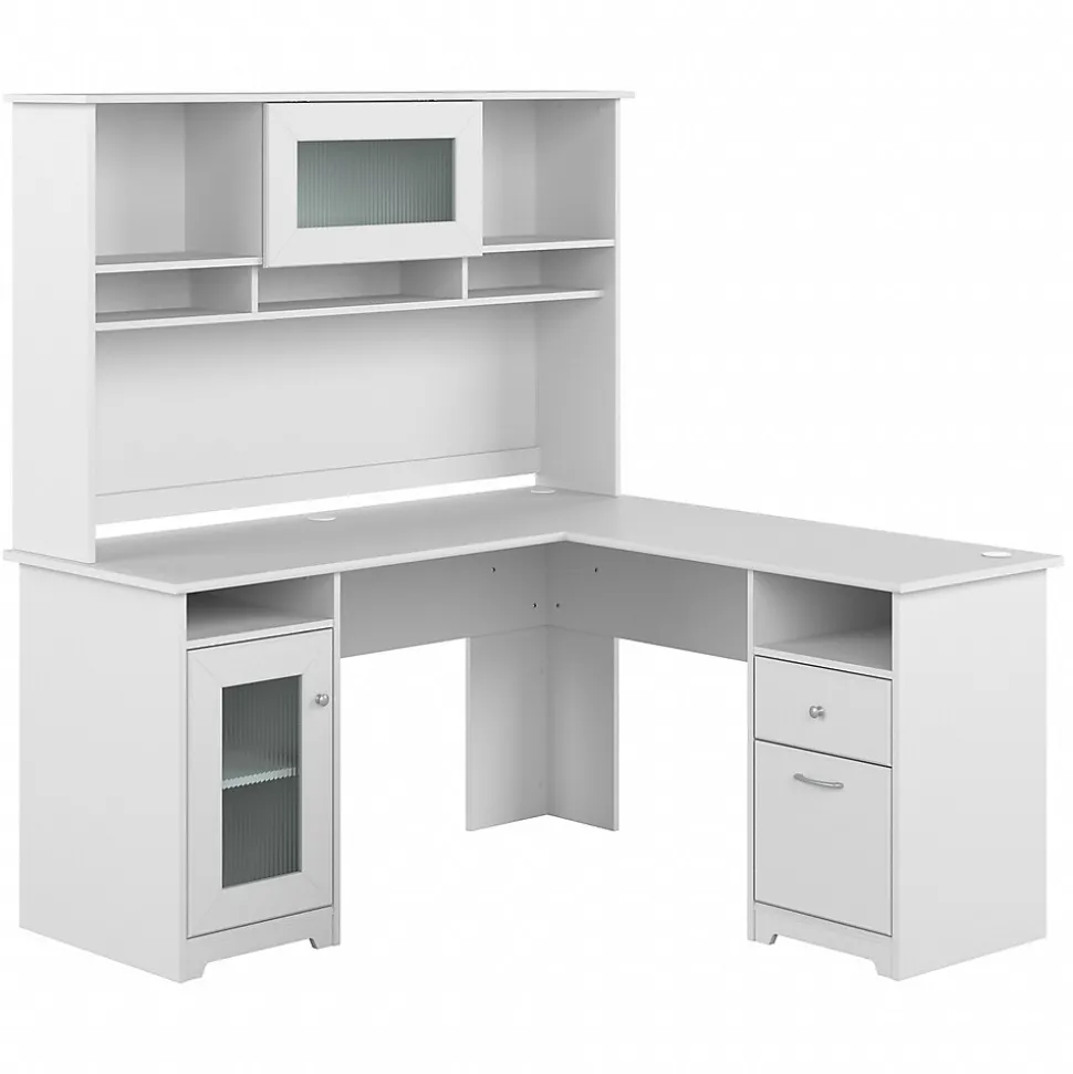 Bush Furniture Cabot 60"W L Shaped Computer Desk with Hutch and Storage, White (CAB001WHN)