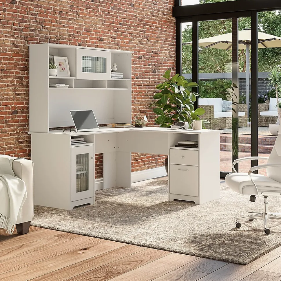 Bush Furniture Cabot 60"W L Shaped Computer Desk with Hutch and Storage, White (CAB001WHN)