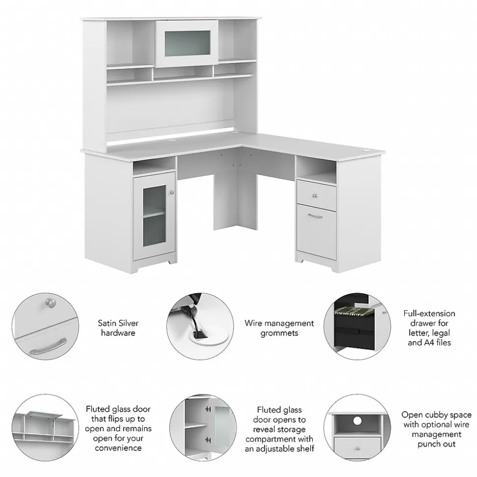 Bush Furniture Cabot 60"W L Shaped Computer Desk with Hutch and Storage, White (CAB001WHN)