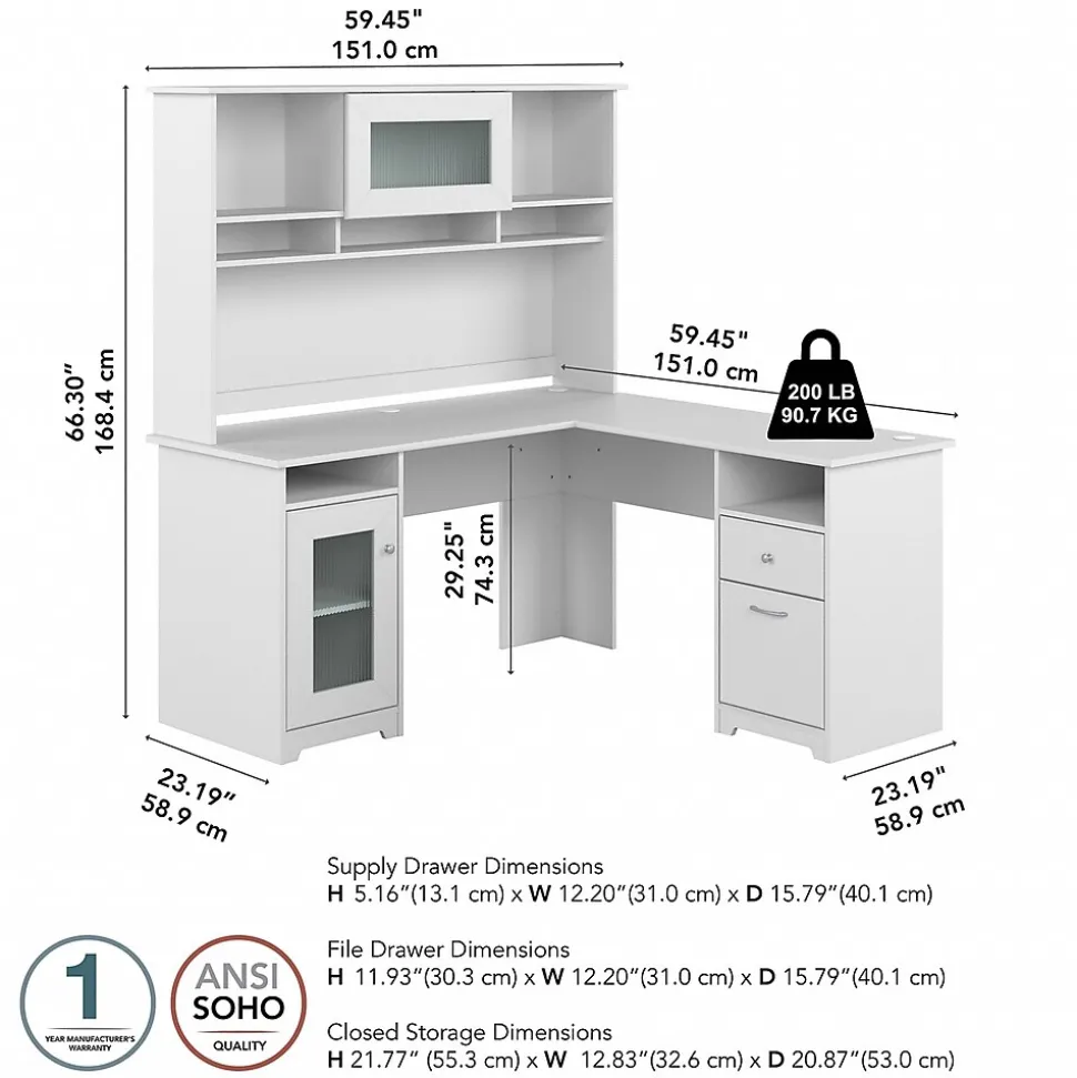 Bush Furniture Cabot 60"W L Shaped Computer Desk with Hutch and Storage, White (CAB001WHN)
