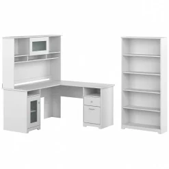 Bush Furniture Cabot 60"W L Shaped Computer Desk with Hutch and 5 Shelf Bookcase, White (CAB011WHN)