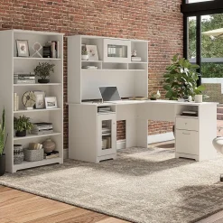 Bush Furniture Cabot 60"W L Shaped Computer Desk with Hutch and 5 Shelf Bookcase, White (CAB011WHN)