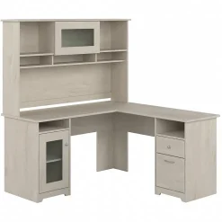 Bush Furniture Cabot 60"W L Shaped Computer Desk with Hutch and Storage, Linen White Oak (CAB001LW)