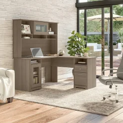 Bush Furniture Cabot 60"W L Shaped Computer Desk with Hutch and Storage, Ash Gray (CAB001AG)