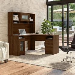 Bush Furniture Cabot 60"W L Shaped Computer Desk with Hutch and Storage, Modern Walnut (CAB001MW)