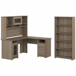 Bush Furniture Cabot 60"W L-Shaped Desk with Hutch and 5-Shelf Bookcase, Ash Gray (CAB011AG)