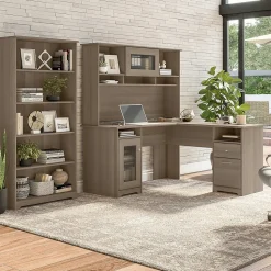 Bush Furniture Cabot 60"W L-Shaped Desk with Hutch and 5-Shelf Bookcase, Ash Gray (CAB011AG)