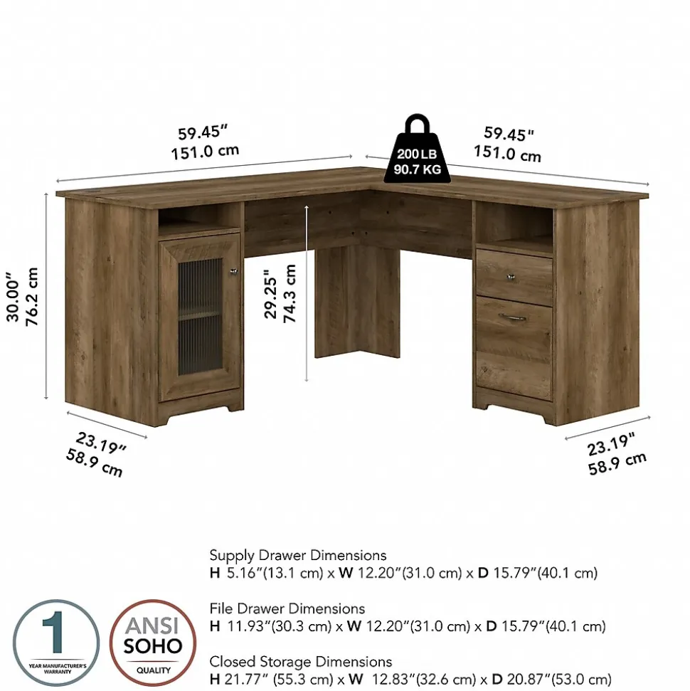 Bush Furniture Cabot 60"W Wood L-Shaped Computer Desk, Reclaimed Pine (WC31530K)