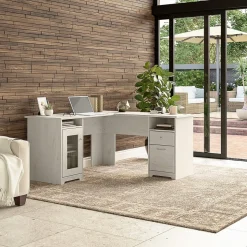 Bush Furniture Cabot 60"W Wood L-Shaped Computer Desk, Linen White Oak (WC31130K)