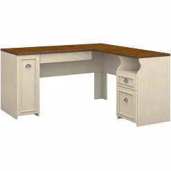 Bush Furniture Fairview 60"W L Shaped Desk with Drawers and Storage Cabinet, Antique White/Tea Maple (WC53230-03K)