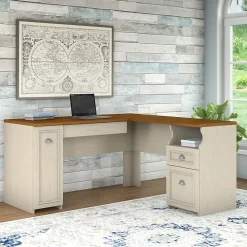 Bush Furniture Fairview 60"W L Shaped Desk with Drawers and Storage Cabinet, Antique White/Tea Maple (WC53230-03K)