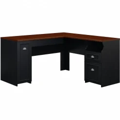 Bush Furniture Fairview 60"W L Shaped Desk with Drawers and Storage Cabinet, Antique Black/Hansen Cherry (WC53930-03K)