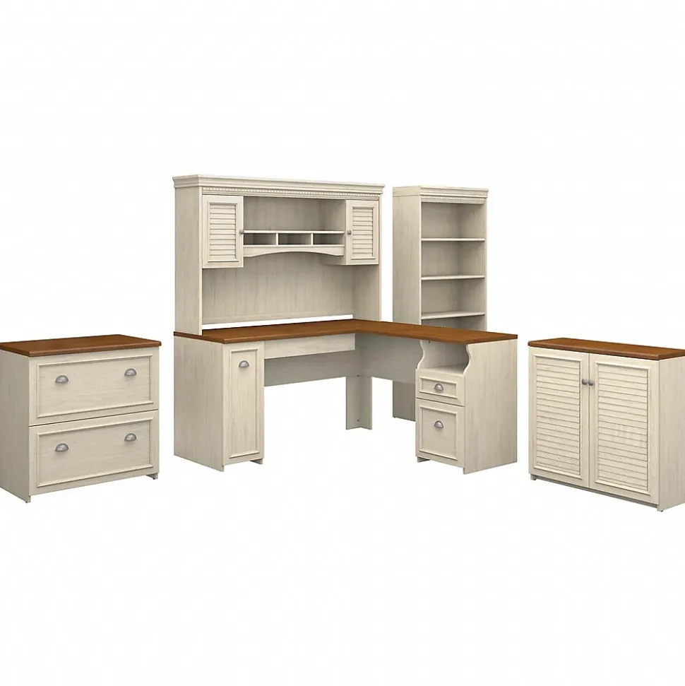 Bush Furniture Fairview 60"W L Shaped Desk with Hutch, File Cabinet, Bookcase and Storage, Antique White/Tea Maple (FV013AW)