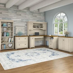 Bush Furniture Fairview 60"W L Shaped Desk with Hutch, File Cabinet, Bookcase and Storage, Antique White/Tea Maple (FV013AW)