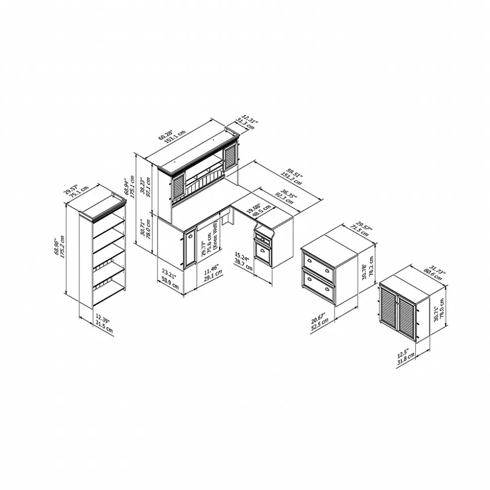 Bush Furniture Fairview 60"W L Shaped Desk with Hutch, File Cabinet, Bookcase and Storage, Antique White/Tea Maple (FV013AW)