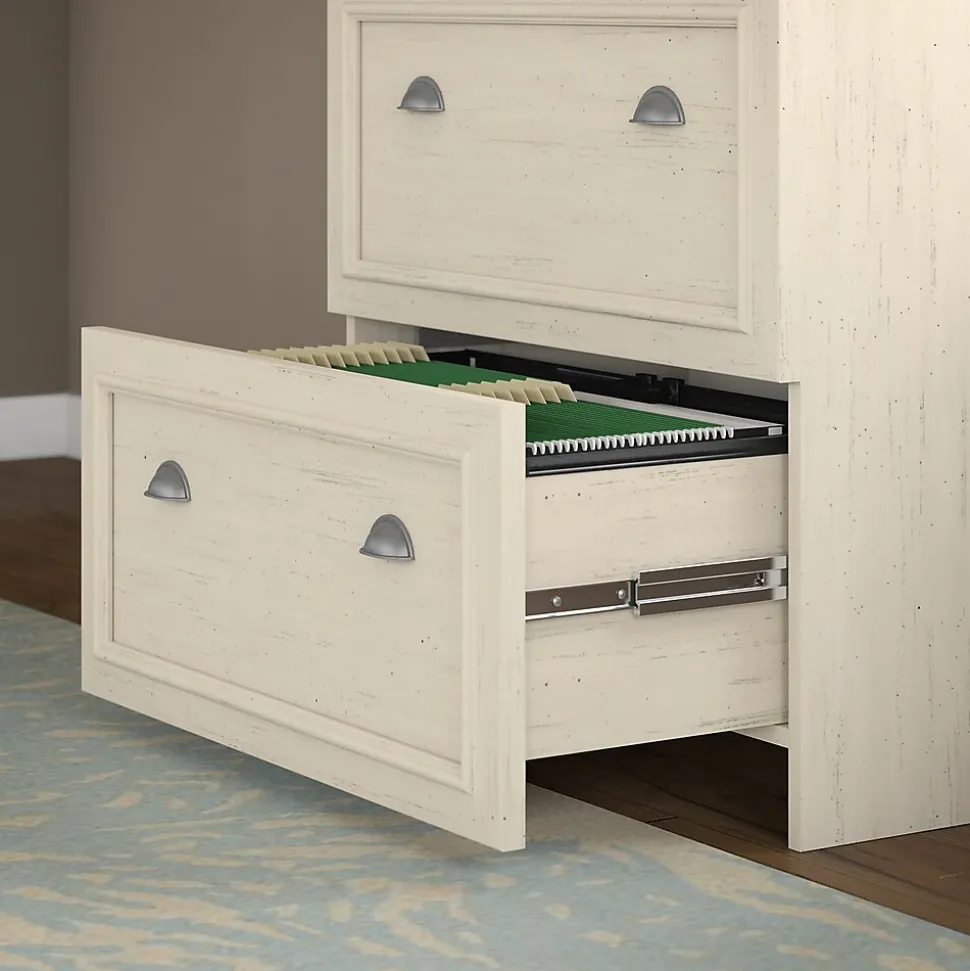 Bush Furniture Fairview 60"W L Shaped Desk with Hutch, File Cabinet, Bookcase and Storage, Antique White/Tea Maple (FV013AW)