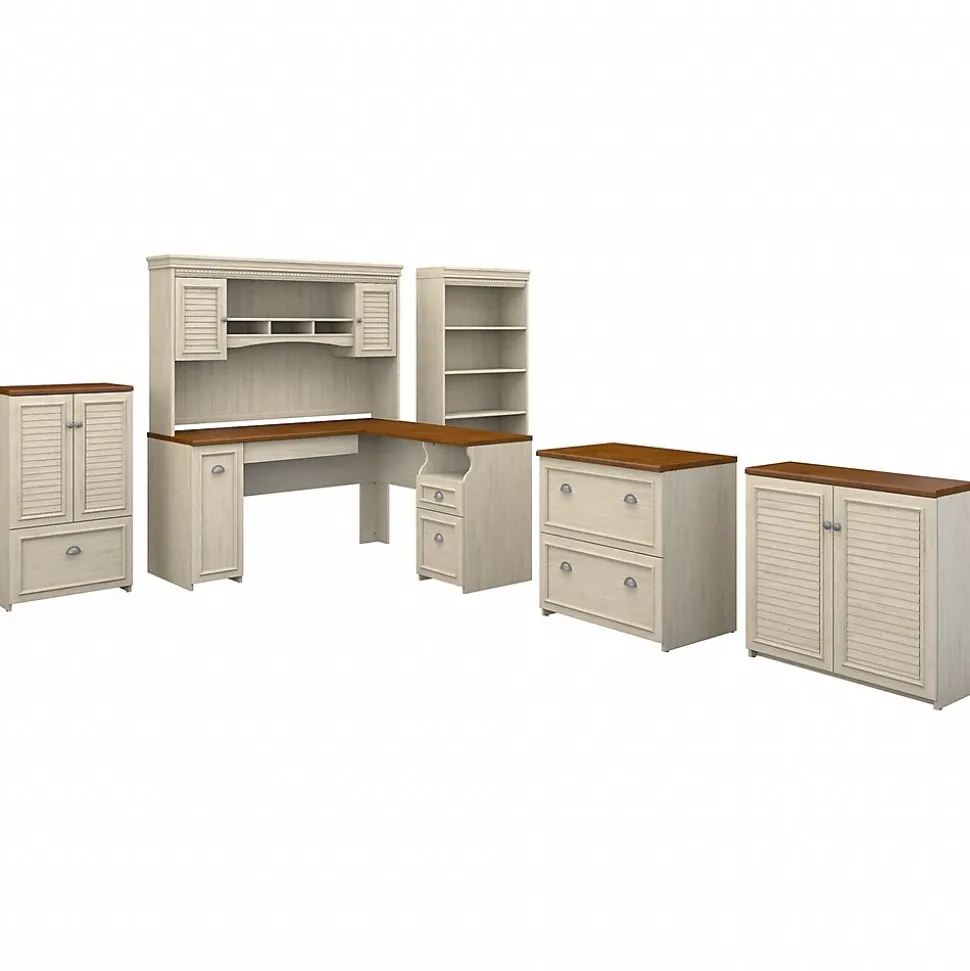Bush Furniture Fairview 60"W L Shaped Desk with Hutch, Bookcase, Storage and File Cabinets, Antique White/Tea Maple (FV014AW)