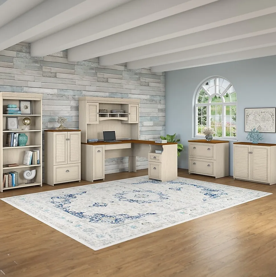 Bush Furniture Fairview 60"W L Shaped Desk with Hutch, Bookcase, Storage and File Cabinets, Antique White/Tea Maple (FV014AW)
