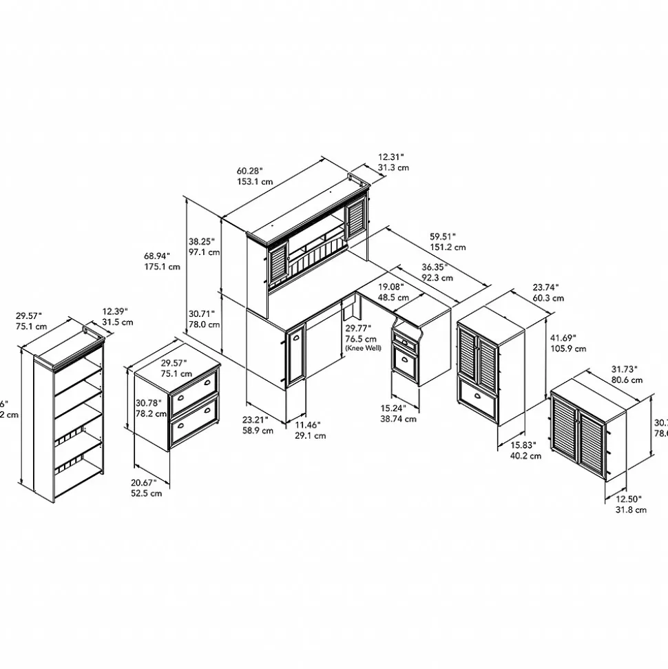 Bush Furniture Fairview 60"W L Shaped Desk with Hutch, Bookcase, Storage and File Cabinets, Antique White/Tea Maple (FV014AW)