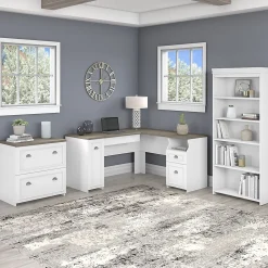 Bush Furniture Fairview 60"W L Shaped Desk with Lateral File Cabinet and 5 Shelf Bookcase, Shiplap Gray/Pure White (FV008G2W)