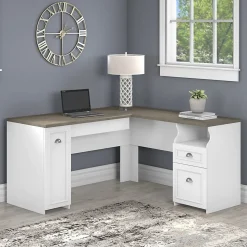 Bush Furniture Fairview 60"W L Shaped Desk with Drawers and Storage Cabinet, Shiplap Gray/Pure White (WC53630-03K)