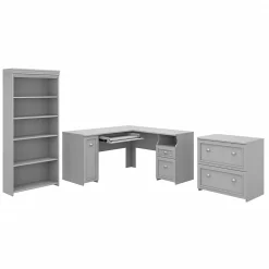 Bush Furniture Fairview 60"W L Shaped Desk with Lateral File Cabinet and 5 Shelf Bookcase, Cape Cod Gray (FV008CG)