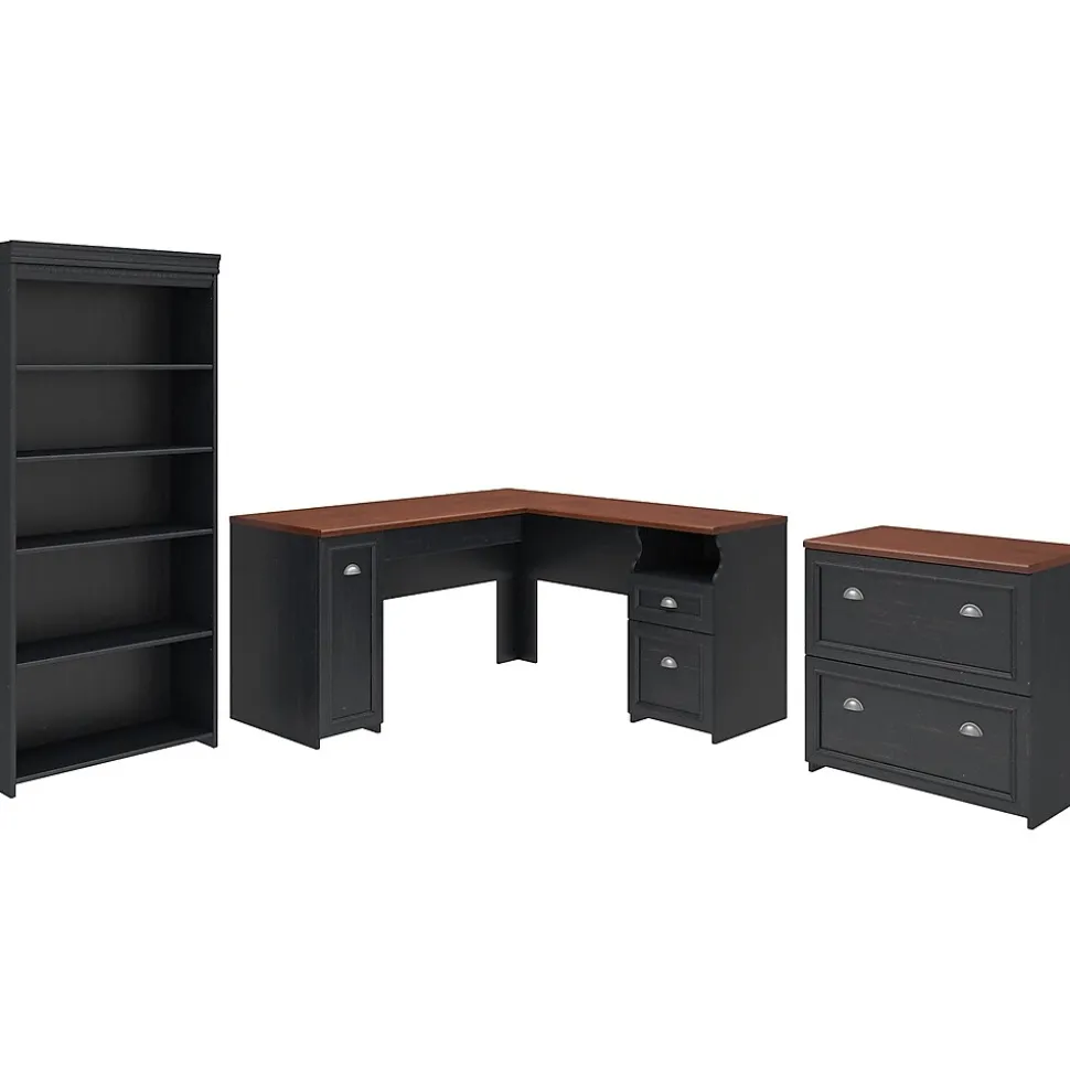 Bush Furniture Fairview 60"W L Shaped Desk with Lateral File Cabinet and 5 Shelf Bookcase, Antique Black (FV008AB)