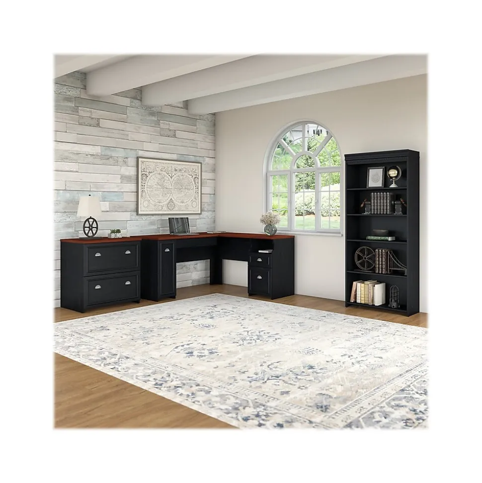 Bush Furniture Fairview 60"W L Shaped Desk with Lateral File Cabinet and 5 Shelf Bookcase, Antique Black (FV008AB)