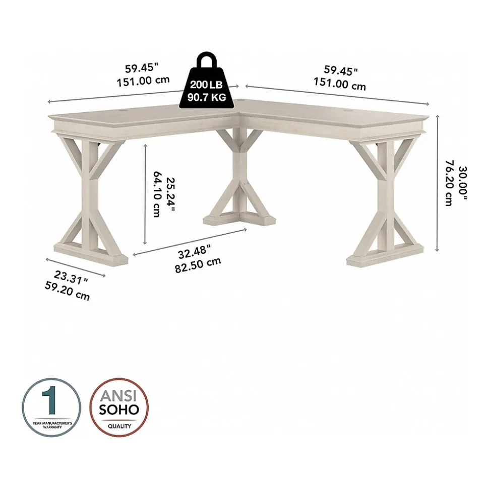 Bush Furniture Homestead 60"W Farmhouse L Shaped Desk, Linen White Oak (HOD160LW-03K)