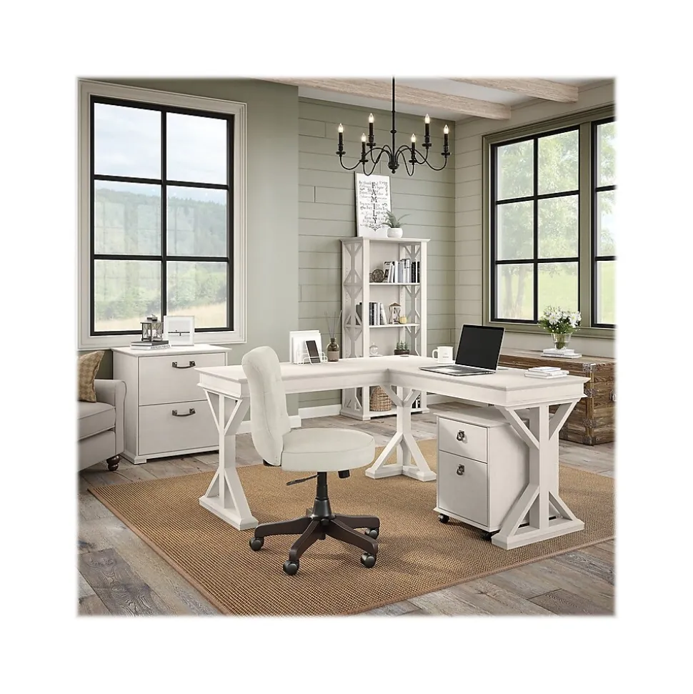 Bush Furniture Homestead 60"W Farmhouse L Shaped Desk, Linen White Oak (HOD160LW-03K)