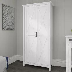 Bush Furniture Key West 66" Tall Storage Cabinet with Doors and 5 Shelves, Pure White Oak (KWS266WT-03)