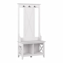 Bush Furniture Key West 66" Hall Tree with Shoe Storage Bench, Pure White Oak (KWS166WT-03)