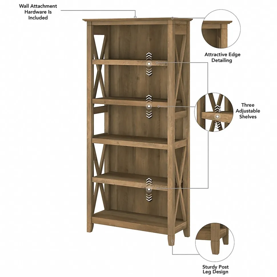 Bush Furniture Key West 66"H 5-Shelf Bookcase with Adjustable Shelves, Reclaimed Pine Laminated Wood (KWB132RCP-03)