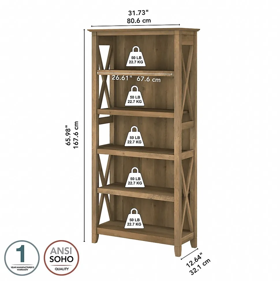 Bush Furniture Key West 66"H 5-Shelf Bookcase with Adjustable Shelves, Reclaimed Pine Laminated Wood (KWB132RCP-03)