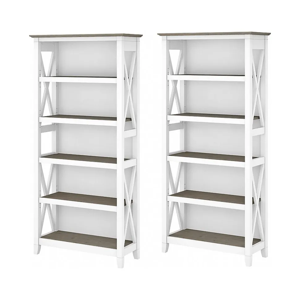 Bush Furniture Key West 66"H 5-Shelf Bookcase with Adjustable Shelves, Shiplap Gray/Pure White Laminated Wood, 2/Set (KWS046G2W)