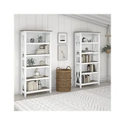 Bush Furniture Key West 66"H 5-Shelf Bookcase with Adjustable Shelves, Shiplap Gray/Pure White Laminated Wood, 2/Set (KWS046G2W)