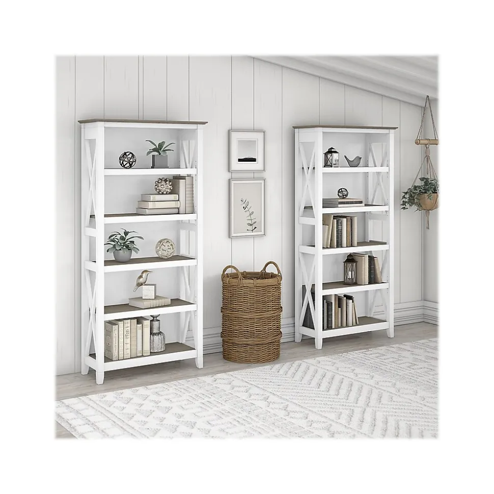 Bush Furniture Key West 66"H 5-Shelf Bookcase with Adjustable Shelves, Shiplap Gray/Pure White Laminated Wood, 2/Set (KWS046G2W)
