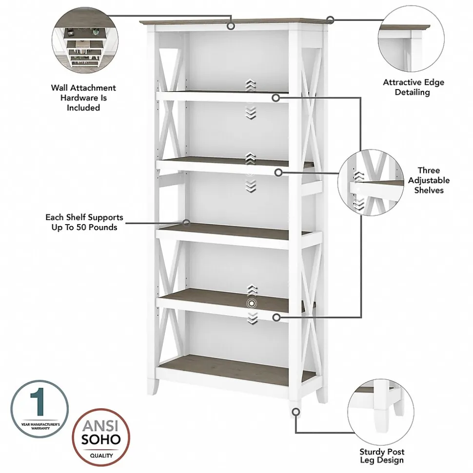 Bush Furniture Key West 66"H 5-Shelf Bookcase with Adjustable Shelves, Shiplap Gray/Pure White Laminated Wood, 2/Set (KWS046G2W)