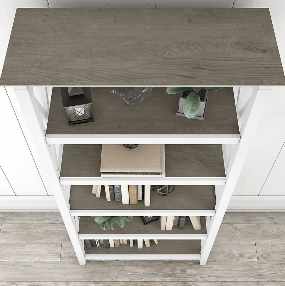 Bush Furniture Key West 66"H 5-Shelf Bookcase with Adjustable Shelves, Shiplap Gray/Pure White Laminated Wood, 2/Set (KWS046G2W)