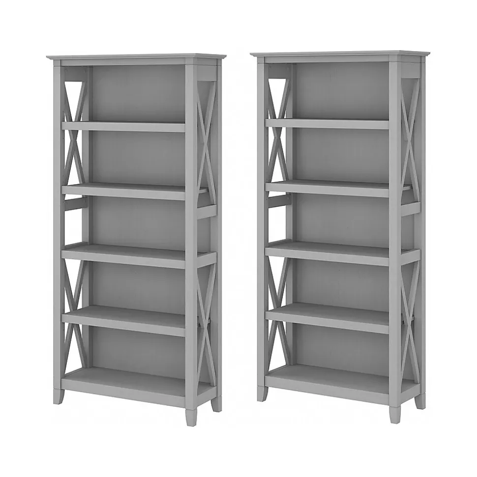 Bush Furniture Key West 66"H 5-Shelf Bookcase with Adjustable Shelves, Cape Cod Gray Laminated Wood, 2/Set (KWS046CG)